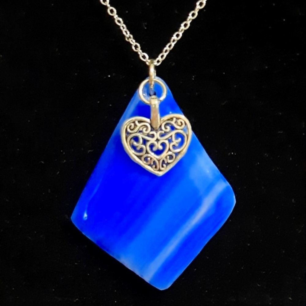 Stained Glass Blue Diamond Shape Necklace with a Heart Charm